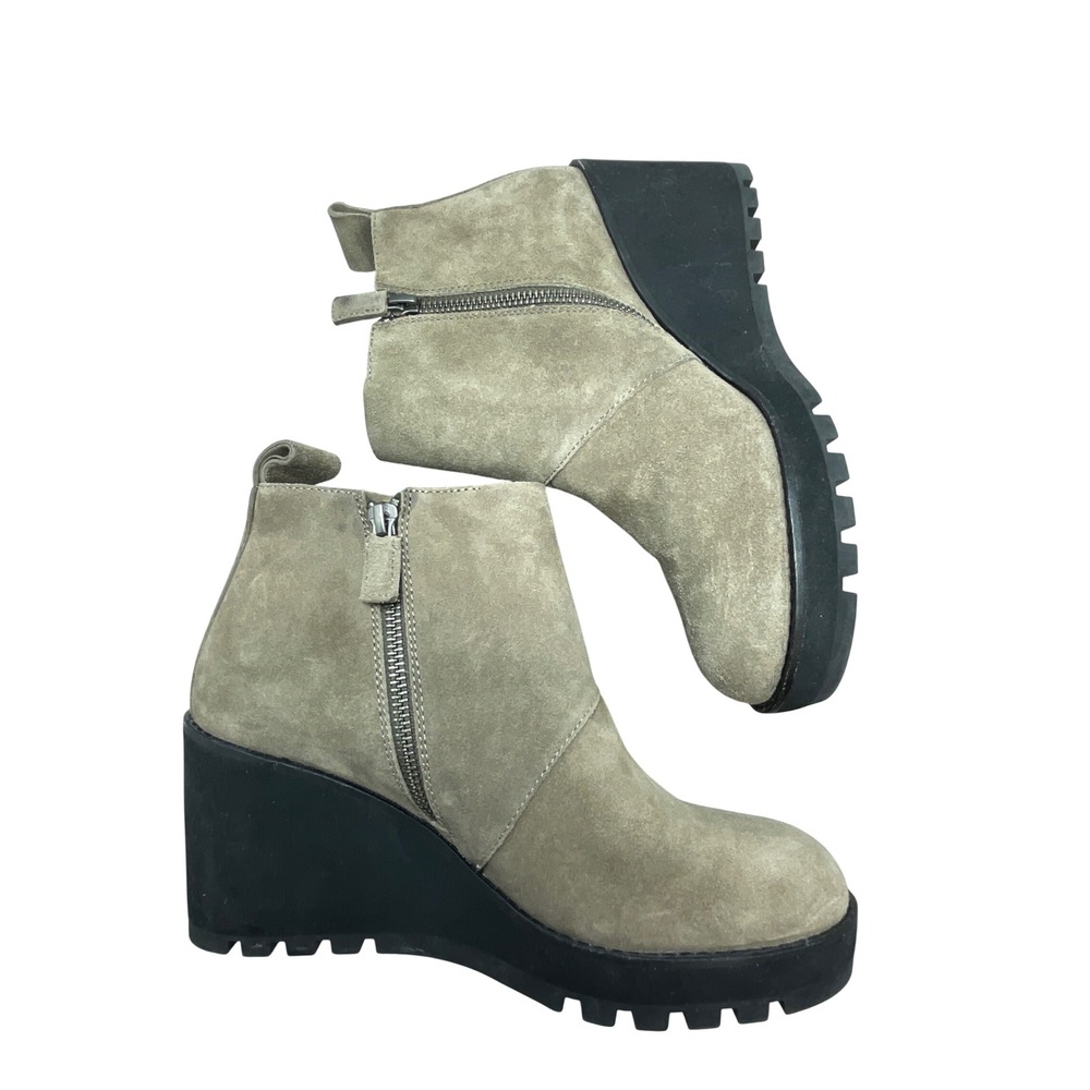 Eileen Fisher Wedge Ankle Boots Women 8 Taupe Suede Lug Sole Zip Booties EF0011